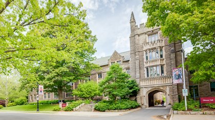 Exterior photograph of University Hall in the spring.