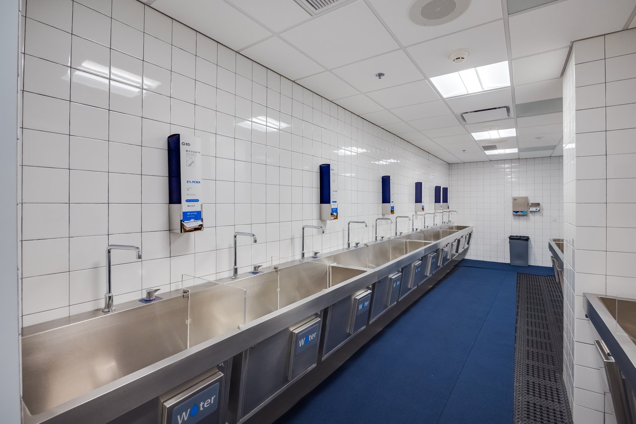 A clean, well-lit wash area with multiple stainless steel sinks and blue floor mats.